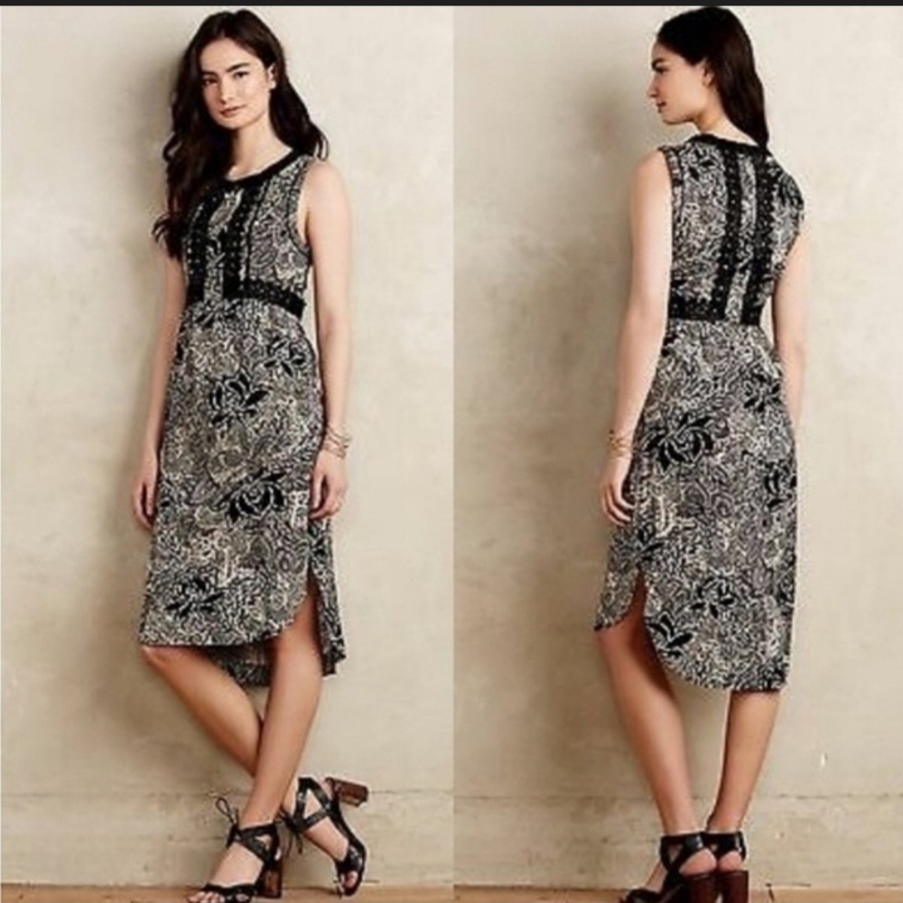 Holding Horses Anthro Boho Floral Lace Trim Midi Dress Black Cream Size 2 EUC
